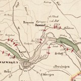 Dijkdoorbraken langs de Waal in de 18e en 19e eeuw. 1845. Fragment kaart Gelderland in beeld.