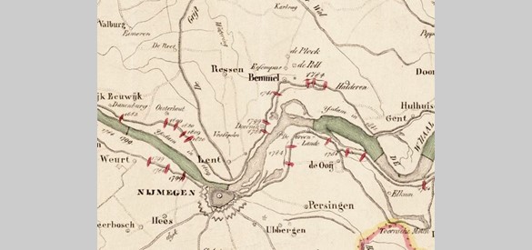 Dijkdoorbraken langs de Waal in de 18e en 19e eeuw. 1845. Fragment kaart Gelderland in beeld.