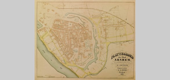 Plattegrond der stad Arnhem met aanduiding van haren uitleg, 1853