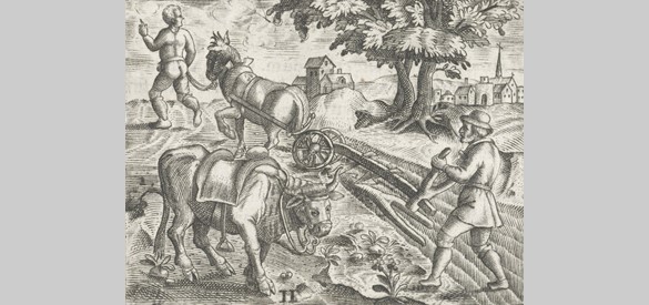 Boer bewerkt land met paard en ploeg, door Theodor de Bry - 1596