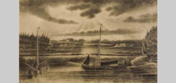 Schepen: Gezicht vanaf de wal te Doesburg op de Rouwen- en Prins Willems- en Carolinenberg, 1854.