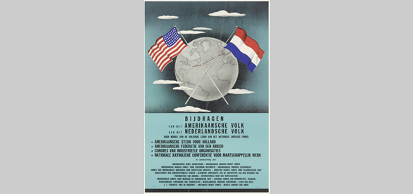 Affiche met namen van Amerikaanse organisaties die bijdragen aan de wederopbouw