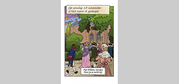 Uitsnede uit het stripboek, 'Willem' wordt gedoopt