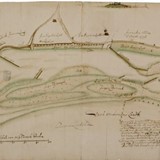 Kaart van de IJssel 1661. De IJssel moest zich door een wirwar van zand- en grindbanken en dammen wringen. © Isaac Geelkercken, Gelders Archief PD