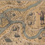 Kaart met rivieren Maas en Waal en strijd Spanjaarden en Staatsen rond fort De Voorn met kampementen. Gravure, gekleurd © Bron: Stadskasteel Zaltbommel, PD