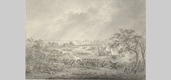 Overtocht van de Engelse en Hannoverse troepen uit Nijmegen naar Lent over de schipbrug, 7 november 1794.