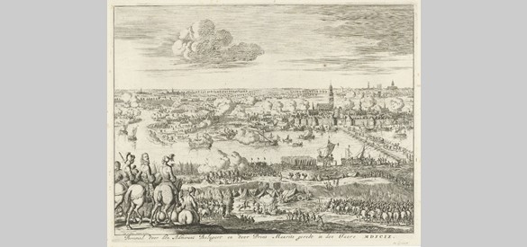 Bommel door den Admirant belegert en door Prins Maurits geredt in den jaere MDXCIX, prent van Jan Luyken, 1681.