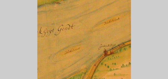 Een wachttoren op een kaart uit 1632 op de oostelijke hoek van de Kommerdijk in Gendt. Redoute is geschreven als ‘reduijt’.