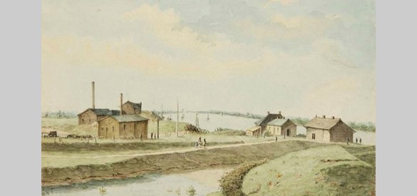 In de negentiende eeuw ontwikkelde ook in Nijmegen de industrie zich. Op deze aquarel van Lauwerier uit 1875 zijn de katoenfabriek van Bahlmann en de Nieuwe Haven te zien, aan de westkant van Nijmegen.