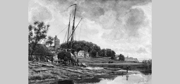 Tot 1918 lag de scheepswerf van Nijmegen aan de oostkant van de stad, bij het Meertje aan de Ooysluis, zoals op deze aquarel van J.H.Doeleman uit 1884 is te zien.