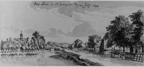 Rond 1610 werd een trekvaart tussen Arnhem en Lent aangelegd, hier te zien op een anonieme prent uit 1744. Bij Lent werden de laatste delen in 1930 gedempt.