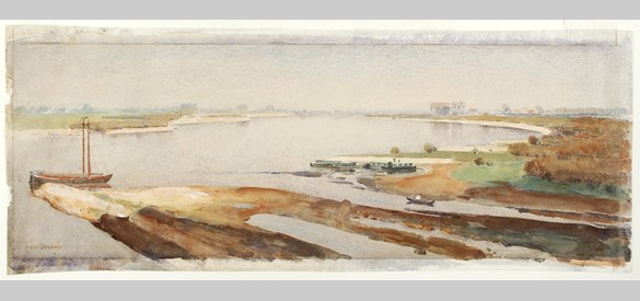 Gezicht op het weidse rivierlandschap van de Waal vanuit Nijmegen, met op de voorgrond het Meertje. Tekening van Frans Oerder omstreeks 1933.