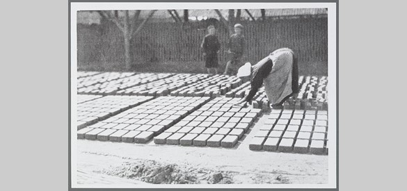 Foto uit 1908 van een opsnijdster bij een Waalsteenfabriek.