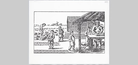 Houtsnede uit 1819 over kinderarbeid bij een steenoven.
