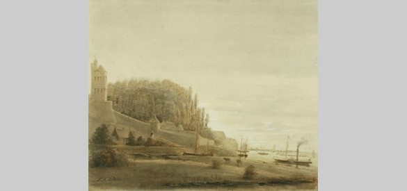 In 1816 voer het eerste stoomschip over de Waal, en al gauw was de raderboot een vertrouwd beeld. Op de voorgrond van deze tekening uit 1828 van Peter Franciscus Peters is een raderboot te zien.