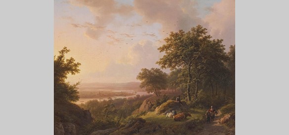 Rijnlandschap bij avond, uit 1849 door Barend Cornelis Koekoek. Koekoek woonde in Kleef, omdat hij daar zijn ideale landschappen trof, met vergezichten en oude bomen.