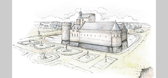 Schets van het kasteel-landhuis in de achttiende eeuw.