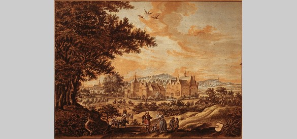 Aquarel van 't oude huys Middachten met het omringende landschap, gemaakt door Jan de Beyer in 1742. Hij maakte daarbij gebruik van een oudere, anonieme afbeelding van het kasteel uit het derde kwart van de zeventiende eeuw.
