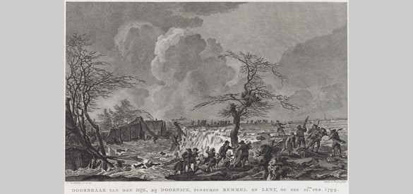 Dijkdoorbraak bij Doornik, 1799. © Reinier Vinkeles (I), naar Cornelis van Hardenbergh, 1799 - 1800.