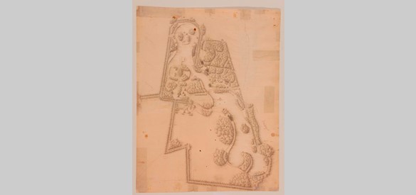 Ontwerp voor de parkaanleg rond kasteel Biljoen, tekening toegeschreven aan J.D. Zocher sr., begin negentiende eeuw.  Bron: Gelders Archief, Arnhem
