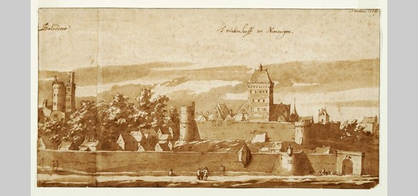 De valkhofburcht vanuit het Noorden in de 17e eeuw door Jacob van der Ulft