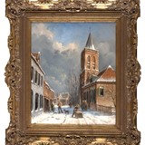 Schilderij, Grootestraat Ede in de winter, gezien vanuit het zuiden met gezicht op de toren-kerk, J. van Diggelen, ca. 1920. Collectie Historisch Museum Ede