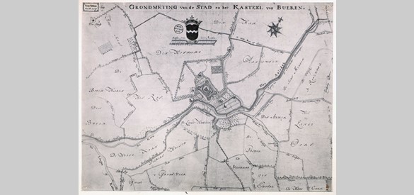Grondmeting van stad en kasteel Buren, ca. 1800. Collectie Regionaal Archief Rivierenland, Tiel