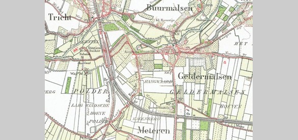 Locatie NederBetuwsche Beetwortelsuikerfabriek Geldermalsen op een historische topografische kaart