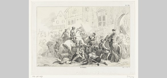 Den Haag geplunderd door Maarten van Rossum, 1528, Christiaan Lodewijk van Kesteren, naar Dominicus Anthonius Peduzzi, 1853 - 1861.