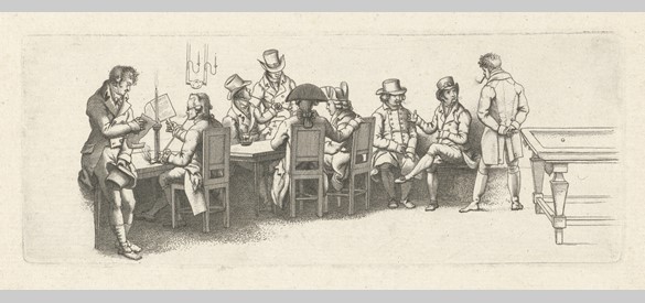 Mannen in een koffiehuis met een biljart door Jacob Ernst Marcus uit 1814.