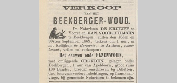 Advertentie met aankondiging van verkoop in Arnhemsche Courant uit 1869.