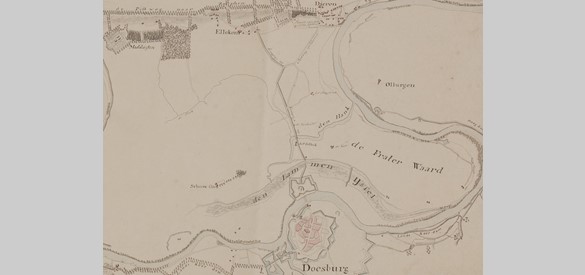 Kaart van de IJssel in 1809, uitsnede met Doesburg, Dieren en Middachten.