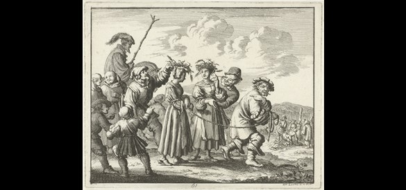 Twee meisjes te Bamberg naar de brandstapel gevoerd, 1550, door Jan Luyken, 1685
