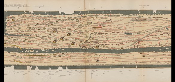 Selectie van de moderne versie van de Romeinse Tabula Peutingeriana met hierop o.a. Nederland, Konrad Miller, 1887/1888.