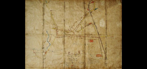 Plattegrond van Eibergen getekend door Menno ter Braak op 15-jarige leeftijd, 1917.  Schaal 1:3000. Op 10 aan elkaar geplakte vellen bruin papier.