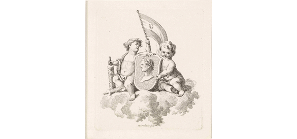 Twee putti met het familiewapen van Hooft en het banier van de V.O.C., ets en gravure door Reinier Vinkeles.