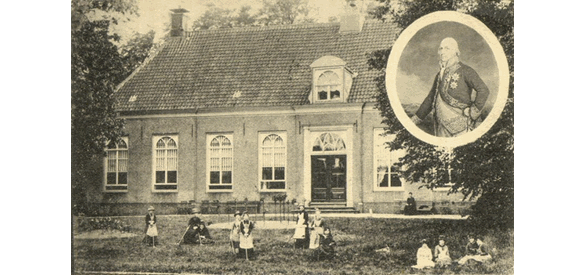 Het landgoed en huize 'Welgelegen', in de periode dat het in gebruik was als meisjespensionaat. Inzet: portret van de admiraal Van Kinsbergen (gravure van C.H. Hodges), de bekendste oud-bewoner van dit landgoed (1865-1875).