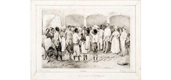 Potloodtekening plantage Meerzorg Suriname, door Th. Bray (1843).