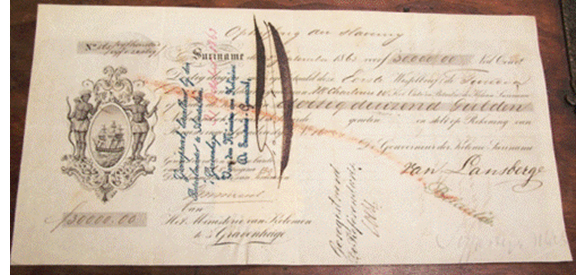 Wisselbrief naar aanleiding van de ‘Opheffing der slavernij’ ten name van Andries Daniël Charlouis, uitgegeven op 2 september 1863 in Suriname.