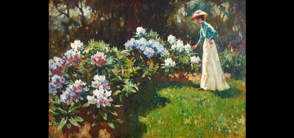 Jonge vrouw met hoed in tuin met bloeiende rododendrons, Edzard Koning.