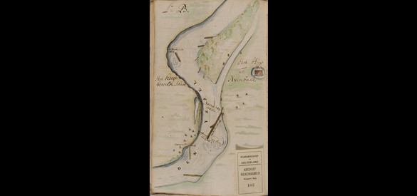 I. van Heuvel, Kribben in de IJssel bij Gorssel en het huis Nijenbeek, juni 1716.