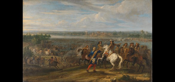 Lodewijk XIV trekt bij Lobith Nederland binnen, Adam Frans van der Meulen (1632–1690), olieverf op doek, 1672.