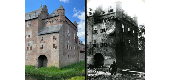 Rechts kasteel Doorwerth tijdens de Tweede Wereldoorlog, links hetzelfde beeld circa 80 jaar later.