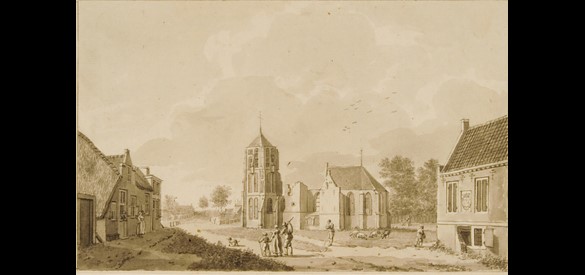 Kerktoren, het verwoeste schip en koor gezien vanuit het zuiden, rechts het polderhuis van Acquoy, 1767-1822.