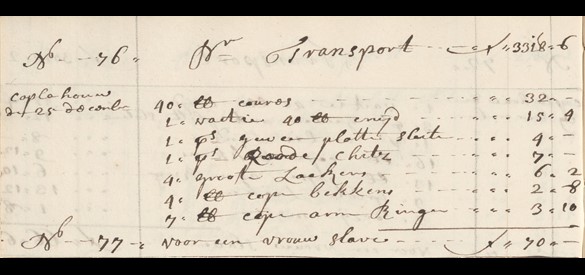 Een “vrouw slave”, op 25 december 1742 gekocht voor een combinatie van kaurischelpen, buskruit, een geweer, textiel, koperen bekkens en armringen.