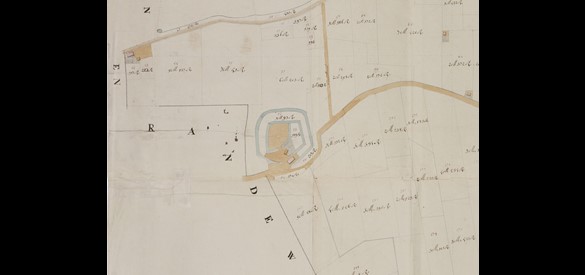 Kaart van de landerijen gelegen in de gemeente van Heeteren (uitsnede met kasteel Nijburg). J. van Beek, 1809.