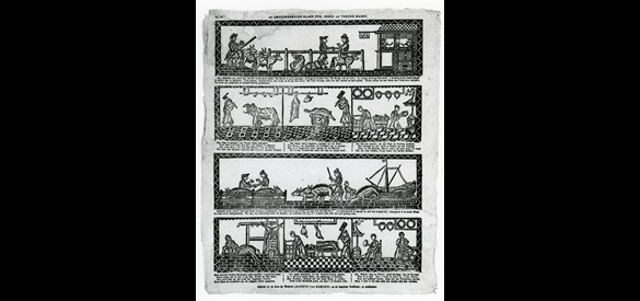 Reproductie van affiche 'de Amsterdamsche slagt-tyd, ossen- en varkens-markt', ca. 1715. Gedrukt door weduwe Jacobus van Egmont in Arnhem.