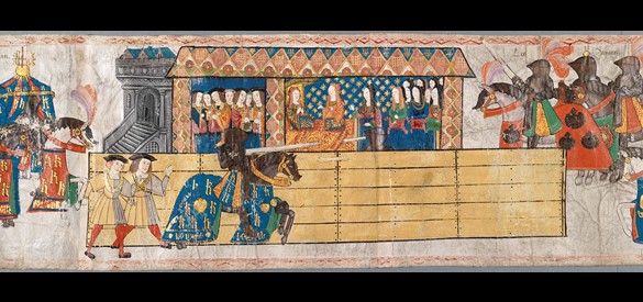 Brits riddertoernooi met Hendrik VIII die voor Catharina van Aragon staat, Westminster-toernooirol, 1511.