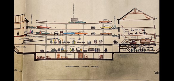 Een ideeënschets van eind jaren zestig voor winkelcentrum ’t Rondje, met een parkeergarage en warenhuis. Dit was een initiatief van de winkeliersvereniging.