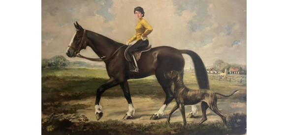 Schilderij van Maria van Dalfsen als amazone, met De Wijde Blik op de achtergrond.